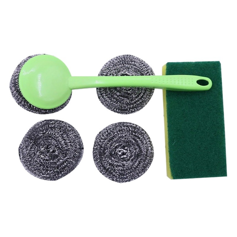 Cocina bola de acero esponja estropajo mango de plástico cepillo de tres piezas al por mayor esponja lavado de platos paño Bola de limpieza