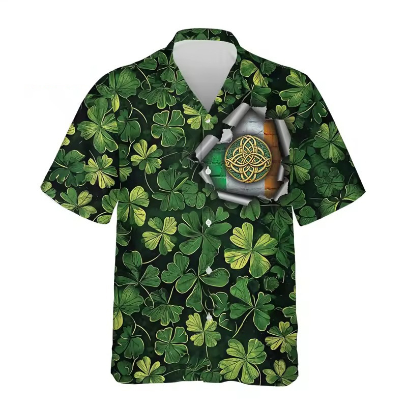 2025 Men's St. Patrick's Day Shirt 3D Printed Fun Green Shamrock Festival Shirt