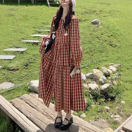 法式复古格子衬衫连衣裙女2025秋季新款设计感超好看显瘦气质长裙