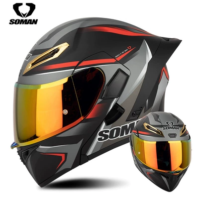 Motosiklet kaskı (dəbilqə) – riding motorcycle full helmet double - red-and-gray-vision-with-revo-red-gold-s