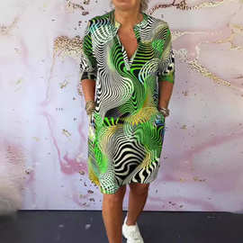 外贸夏季新款亚马逊跨境欧美女装气质优雅印花V领七分袖连衣裙女