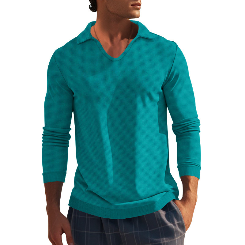 Podzimní a zimní americké pánské tričko s dlouhým rukávem, tenký střih, vaflový styl, slim fit, klopový pletený svetr pro muže_voghion.com