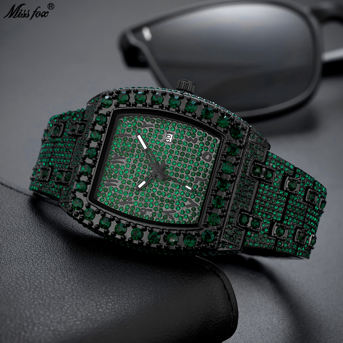 MISSFOX European And American Fashion Punk Hip Hop Full Men's Green Diamond Waterproof Calendar Quartz Watch Trendy_voghion.com