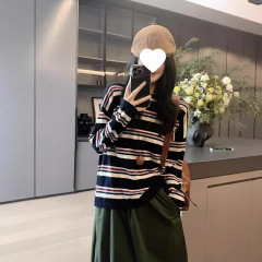 美洋meiyanパンジーニットシルクカシミヤ混紡 | ストライプゆるい丸首長袖上着
