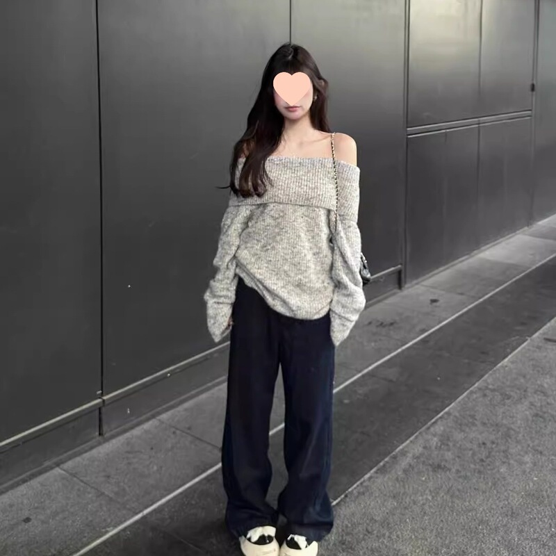 灰色露肩韩系套头毛衣女秋慵懒风宽松休闲显瘦气质小个子长袖上衣|undefined