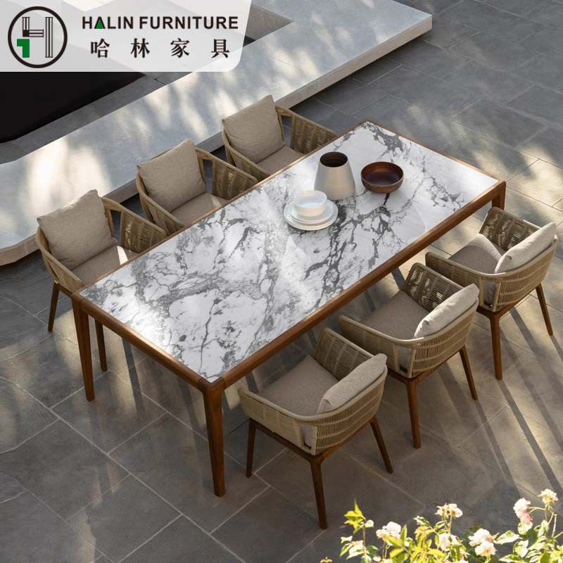 Outdoor Rattan Table and Chair Villa Courtyard Leisure Rattan Chair Simple Garden Chair Chinese Teak Rock Board Dining Table and Chair Combination