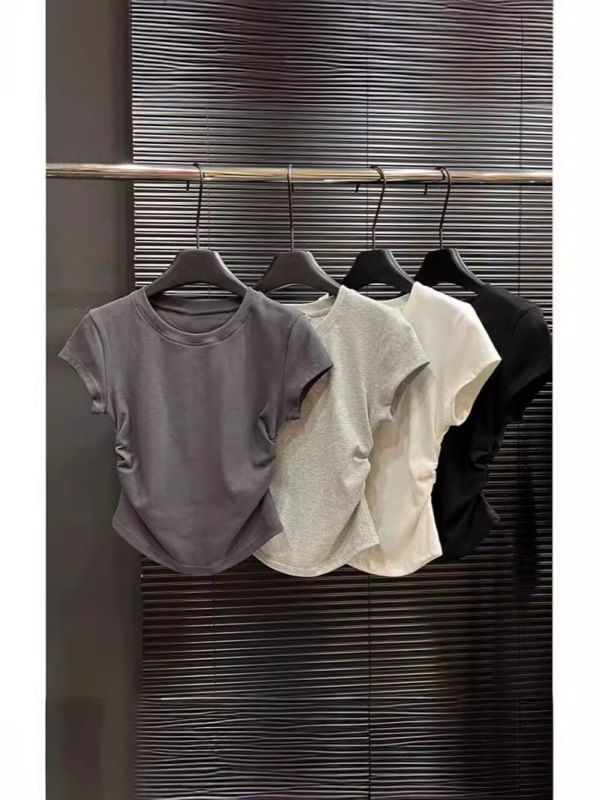 Pure Desire Hot Girl スリムフィット胸露出半袖 Tシャツ女性用 2025 夏の新しいプリーツデザインショートトップ女性用|undefined