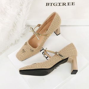 8293-11 French style fashionable woven fabric women's shoes square toe shallow mouth bow buckle strap thick single 