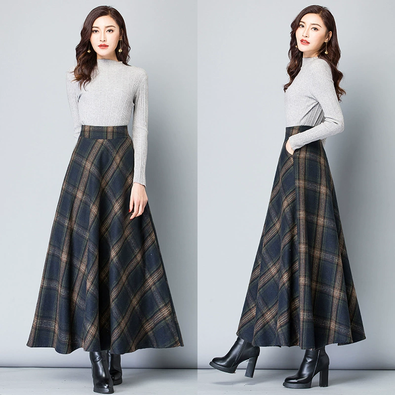 Новая шерстяная юбка в клетку Осень/Зима 2025 для женщин, с завышенной талией, стройнящая, в корейском стиле, больших размеров, расклешенная юбка, юбка-парасолька