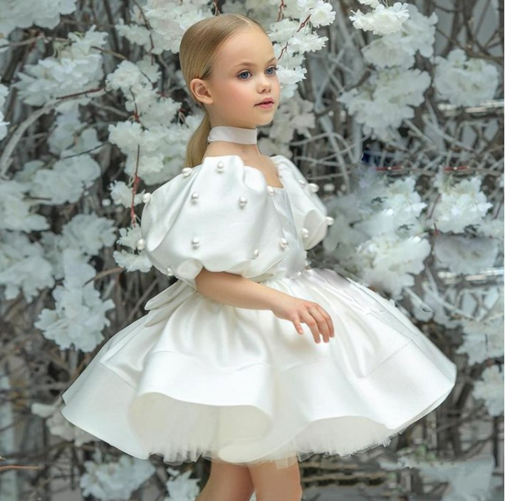 Children's Formal Princess Gown White Puffy Tulle Model Show Evening Dress Flower Girl Little Host Performance Costume_voghion.com