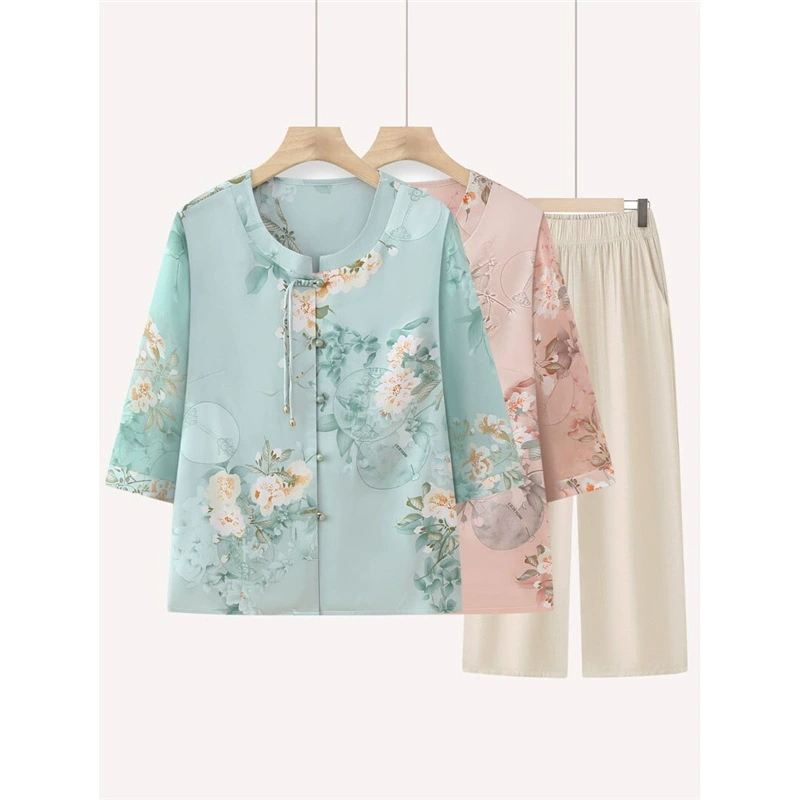 Весенний наряд бабушки в китайском стиле, рубашка с рукавом три четверти, элегантный топ в костюме Тан, летняя тонкая рубашка в национальном стиле для мам среднего и пожилого возраста.