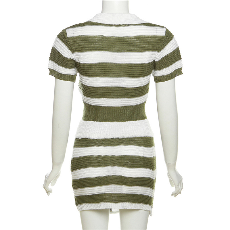 Women Clothing Autumn Polo Collar Short Sleeve Striped Color Matching Knitted Short Slim Hip Skirt Set