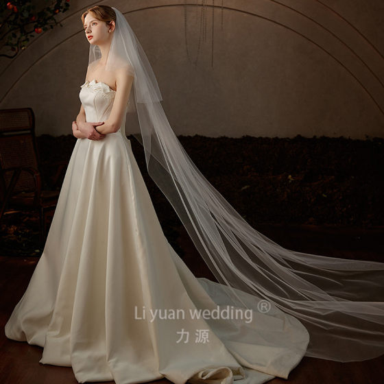 Cross-border Princess Classic Bride Wedding Dress Long Plain Two-layer Cover Veil Elegant Long Noble Veil