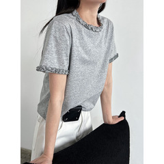 鹿西韓系デザイン感減齢木耳元半袖tシャツ女性夏優しい肩底上着薄い2650