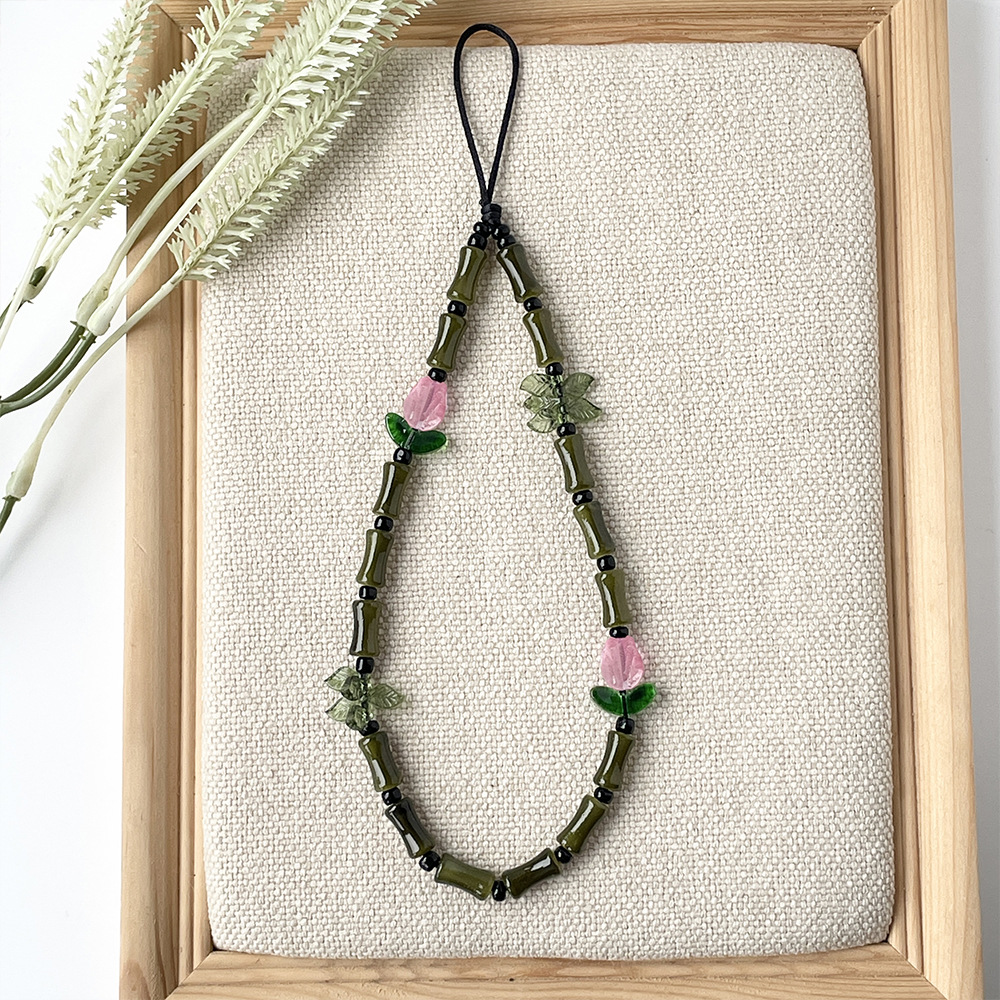 Nisi's Chinese Style New Chinese Glass Bamboo Joint Good Luck Rising Step by Step Mobile Phone Chain Pendant with Tulip Flower Hanging Rope