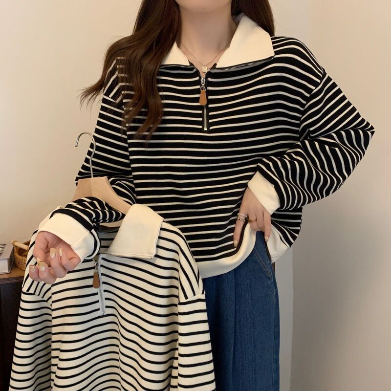 Plus Size American-Style Striped Polo Collar Regular Shoulder Base Shirt for Women, New Spring Loose Half-Zip Long-Sleeve Top