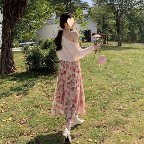 Floral Strappy Dress for Women 2025 Spring New French Stylish Open Cardigan Waist-Catching Long Strappy Dress Two-Piece Set