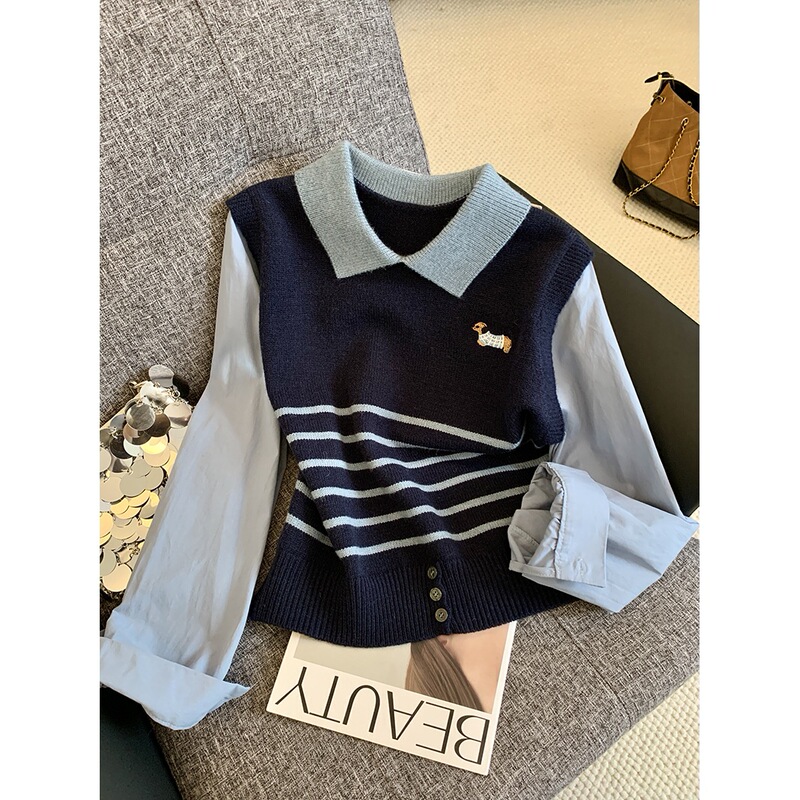 Autumn and Winter New Style College Style Lapel Striped Sweater for Women Fake Two-Piece Spliced Embroidered Sweater Top for Women Autumn and Winter New Style College Style Lapel Striped Sweater for Women Fake Two-Piece Spliced Embroidered Sweater Top for Women