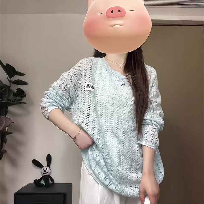夏の薄いタイプの透かし彫りの穴の日焼け止めのブラウスのゆったりとした怠惰な風のカジュアルな丸首のプルオーバー|undefined