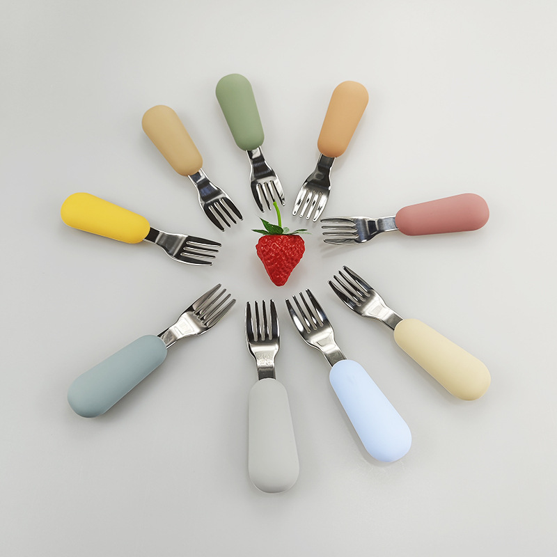 Cuchara de tenedor para niños traje de bebé tenedor cuchara mango corto 316 cuchara de tenedor de silicona de acero inoxidable cuchara de tenedor de suplemento alimenticio para bebés