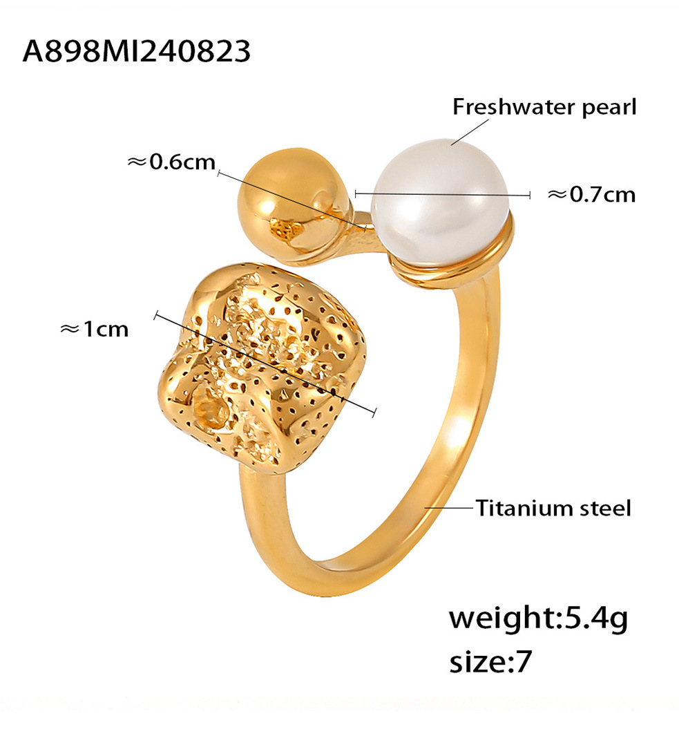 Quadratischer Zuckerring aus Titanstahl mit offener Öffnung und Imitationsperle, glatter, kugelförmiger, personalisierter Ring_voghion.com