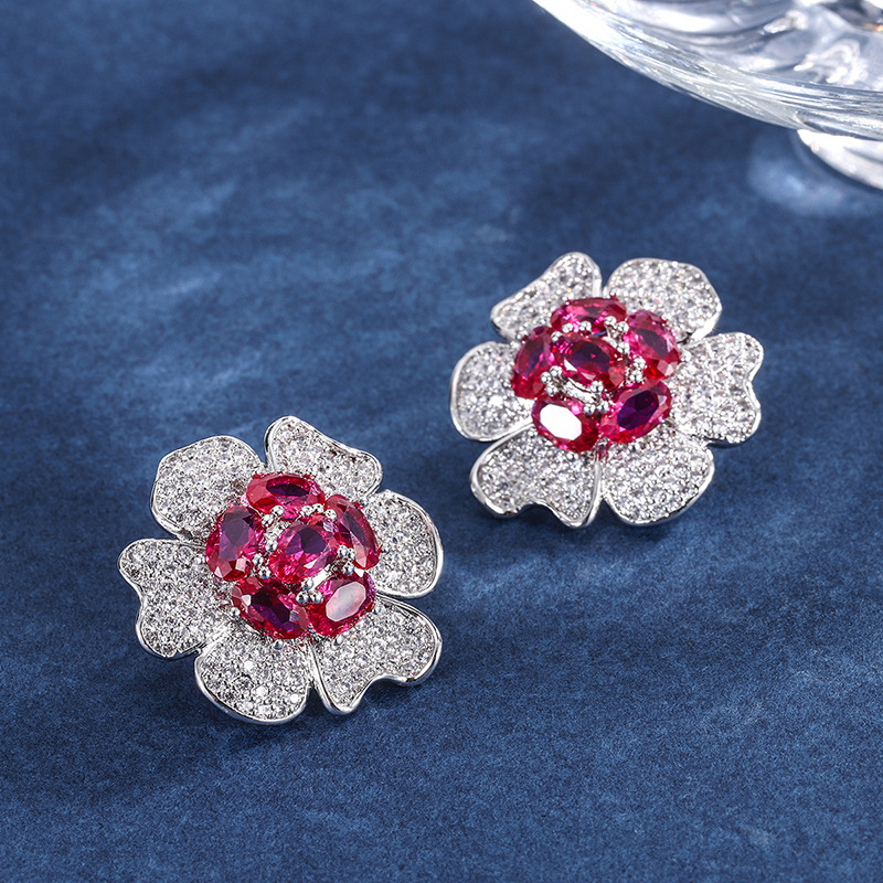 Zhuang Sheng joyas elegantes pendientes de mujer tesoro colorido pendientes de oreja de Europa y América con Paloma artificial sangre roja joya en forma de flor