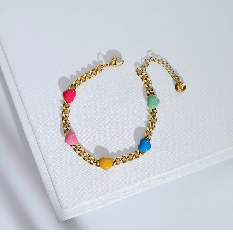 10g Weight Vacuum Plating Gold Plating Process Fashion Heart Shape 304 Stainless Steel 18K Gold Plated Enamel Stainless Steel Bracelets In Bulk