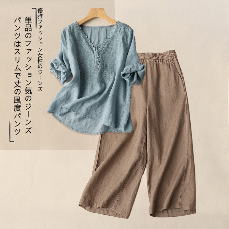 リネンスーツ女性のための 2025 夏の新しい半袖 Tシャツワイドレッグパンツ 2 点セット綿とリネンのシャツカジュアルパンツストレートヘア|undefined