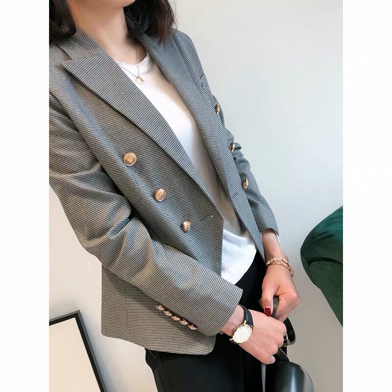 YIJIAN Fashion Plaid Metal Button Suit Autumn European and American Light Luxury Fashion Slim Fit Suit Women's Short Jacket