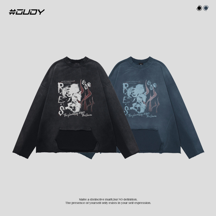 # OVDY 430g combed cotton terry sweater retro spray color old wash water imitation worn round neck sweater for men and women