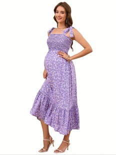 2025 Cross-Border New European and American Elegant Floral Maternity Ruffled Loose Dress Cross-Border Dropshipping