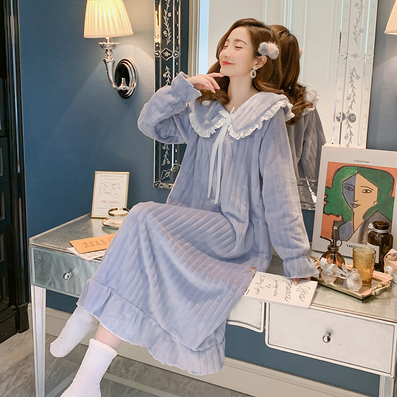 Invierno nuevo color puro camisón de franela las mujeres cálido coral fleece corte princesa vestido las