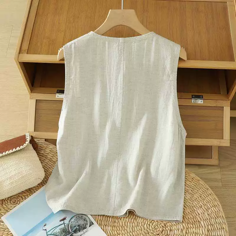 Vest, retro spring summer jacket, cotton and linen, plus size