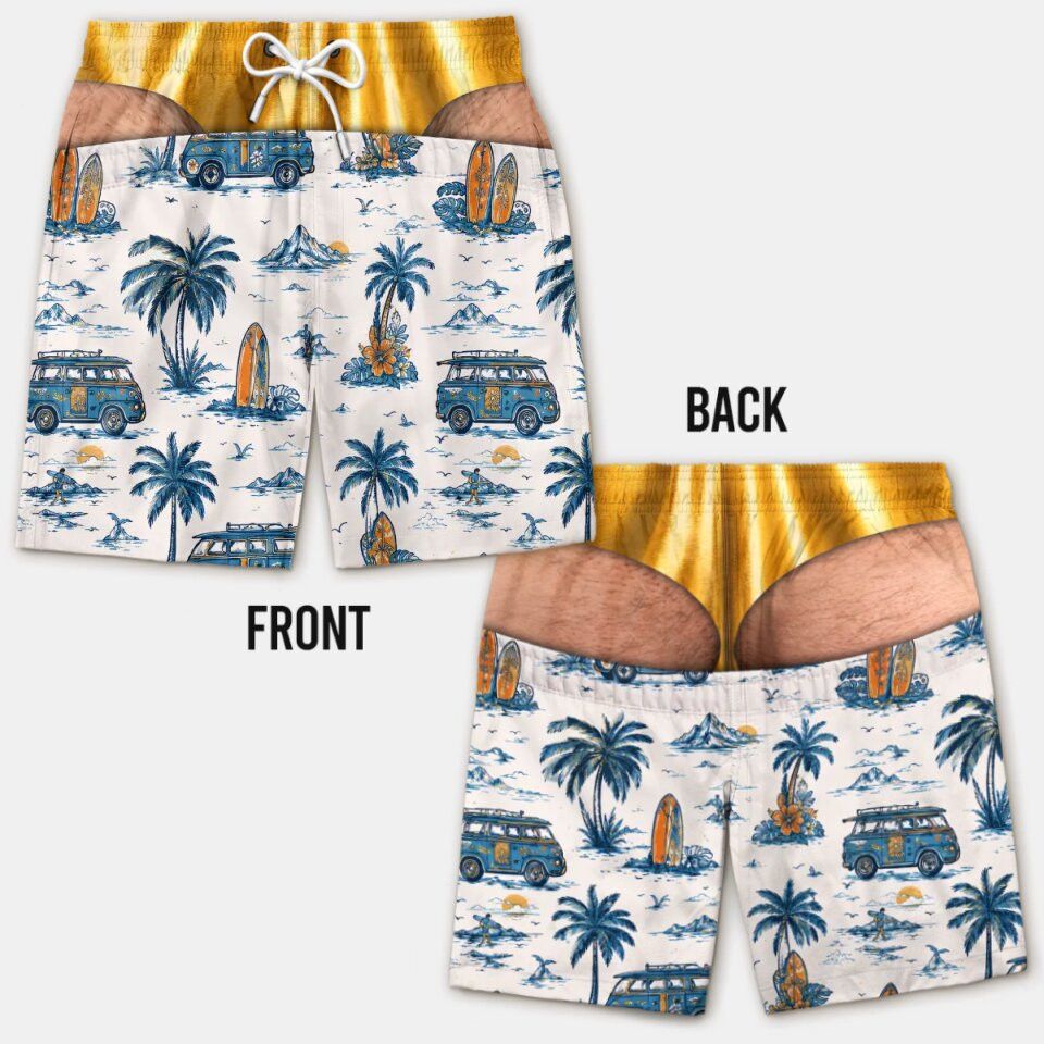 Cross-Border Tropical Vacation Men's Beach Shorts with Retro Bus and Coconut Island Pattern, Golden Faux Briefs, Quick-Dry Swimming Trunks