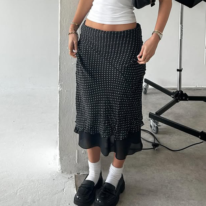 C2166Sk European and American Cross-Border Polka Dot Skirt Women's Ins New Printed Slim Straight A-Line Mesh Skirt