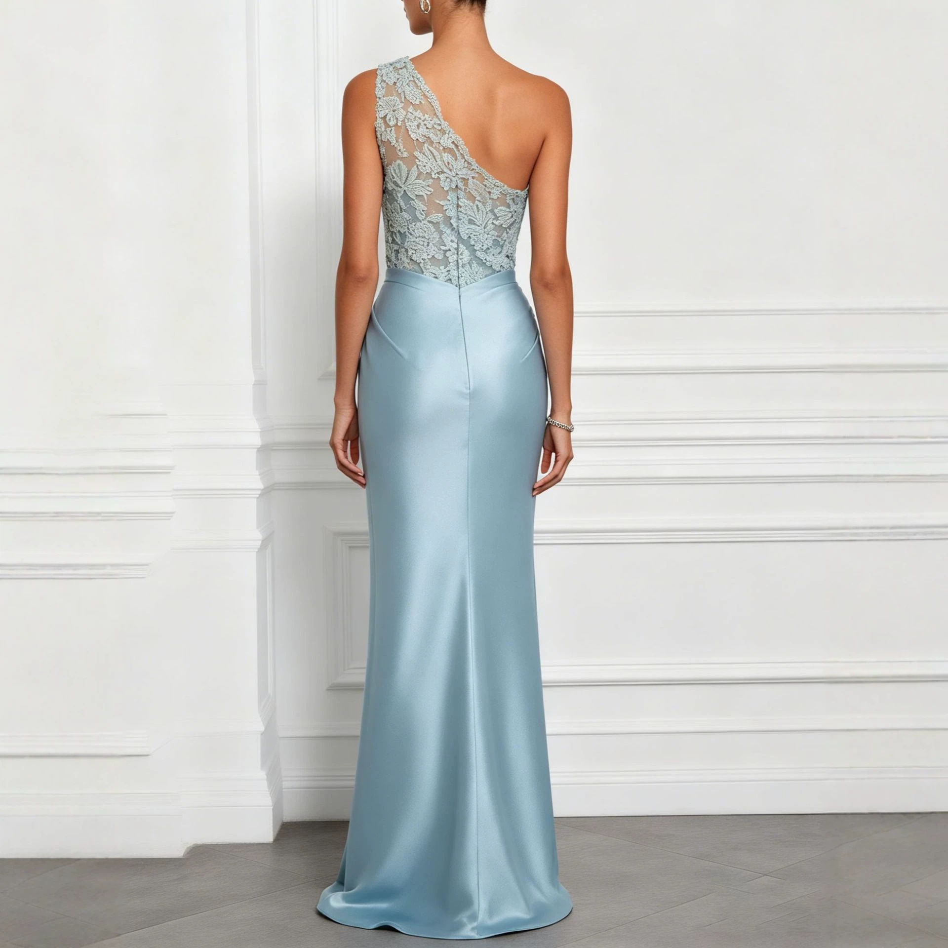 Summer Collection High-End Satin Evening Gown One Shoulder Design Sheer Mesh Panels Women's Fashion Dress_ecoleips.com