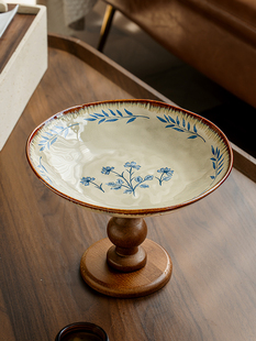 Alley End [Medieval Style Atmosphere] Wooden Tall Plate Fruit Plate Snack Plate Living Room Ceramic Fruit Plate Tray