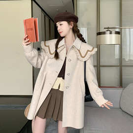 【梦玫】24冬意法燕麦色设计感小众娃娃领双面羊毛大衣学院风上衣