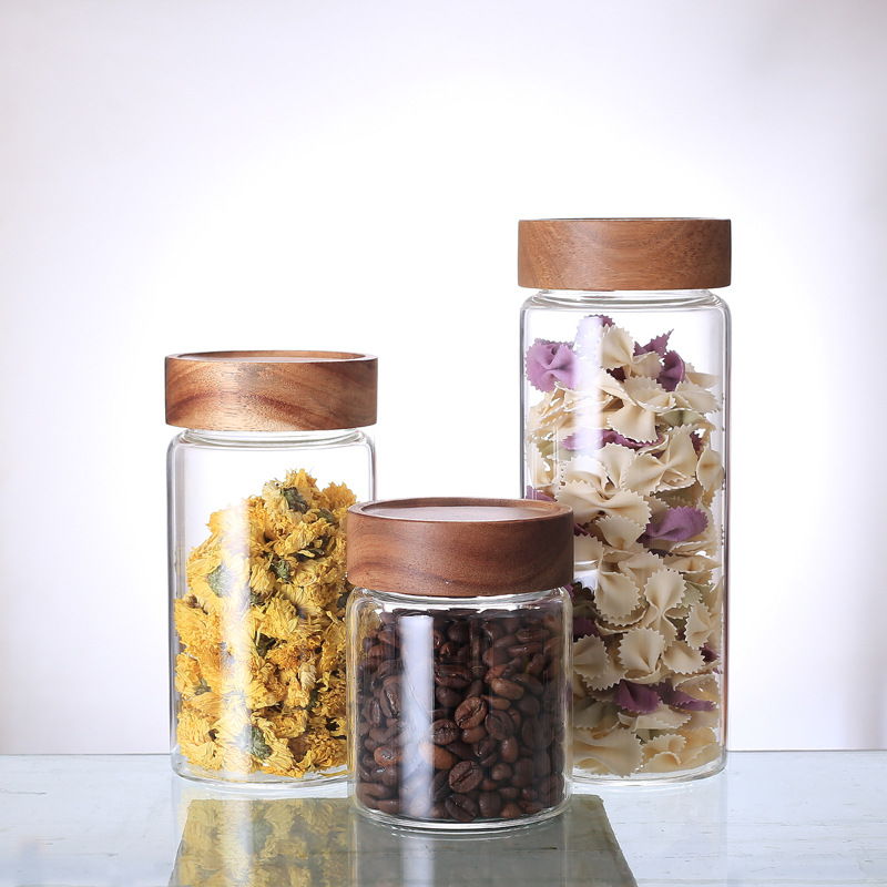 En stock boca de grano espiral tarro de almacenamiento de vidrio tarro de té cocina botella de vidrio de almacenamiento Acacia tapa de madera tarro sellado de vidrio
