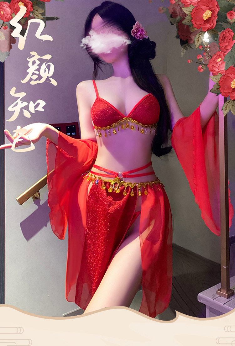 Exotic Princess Xi Shi Retro Hanfu Bellyband Lace Chiffon Dress Suit in Red — detail image 2