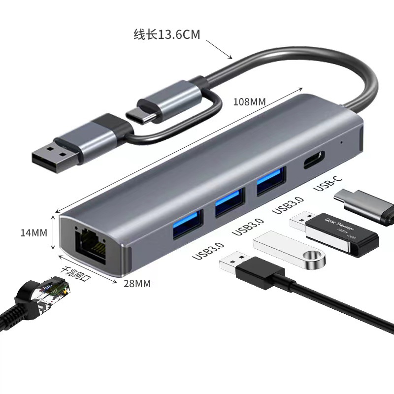 Cinco en uno tipo-c estación de acoplamiento tarjeta de red USB c3.0hub 5-in-1HDMI4K computadora de muelle de expansión portátil