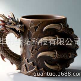 跨境暗黑奇幻龙形杯 魔龙爪纹立体裂纹肌理桌面马克杯163