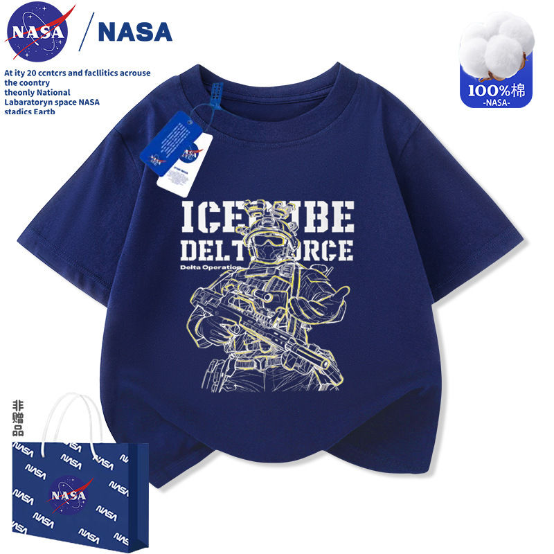 Nasa Delta Action Weilong Boys' Pure Cotton Short-Sleeved T-Shirt Summer Casual Versatile Half-Sleeved Top for Older Children