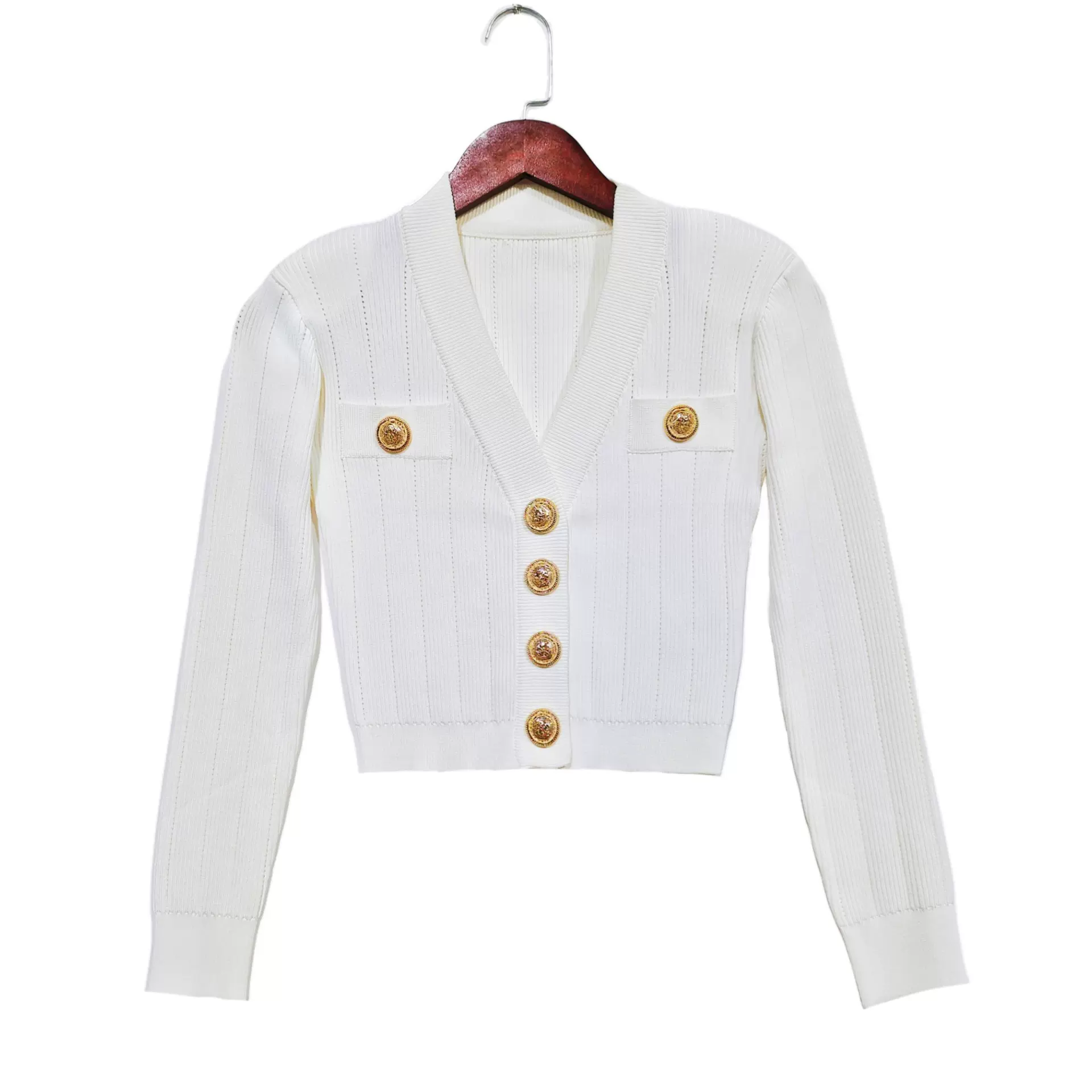 小香风白色金属扣针织衫女秋2024新款高级感修身显瘦气质开衫外套