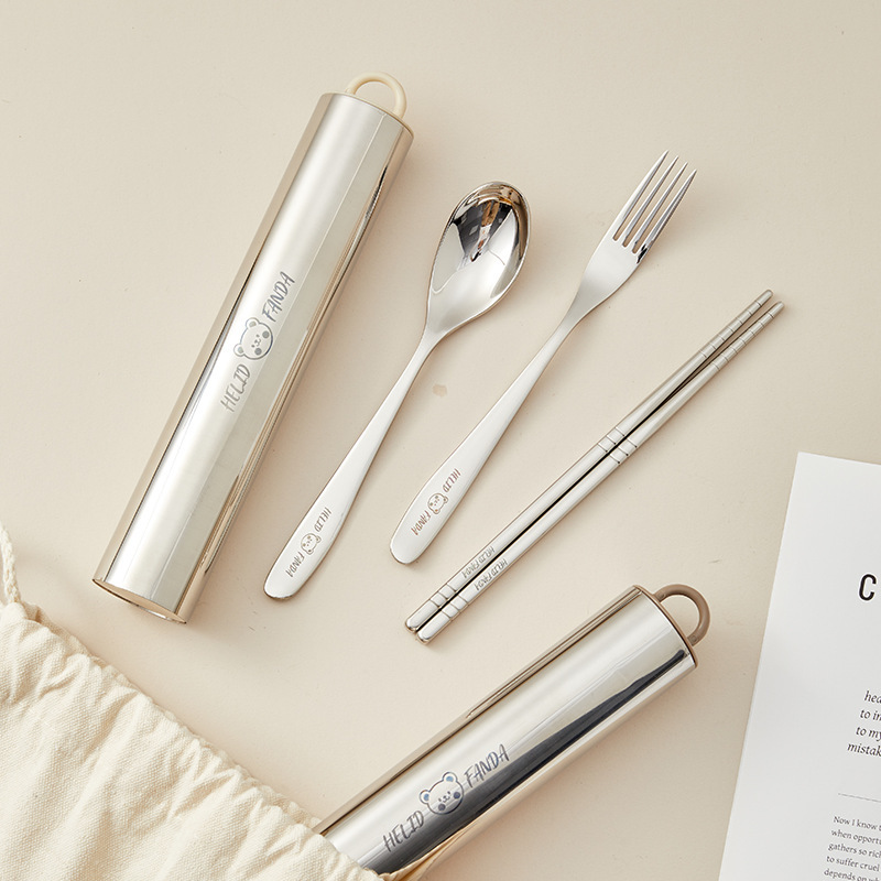 Ins 실린더 스테인레스 스틸 휴대용 식기 스푼 포크 젓가락 학생 3 종 세트 여행 세트 선물