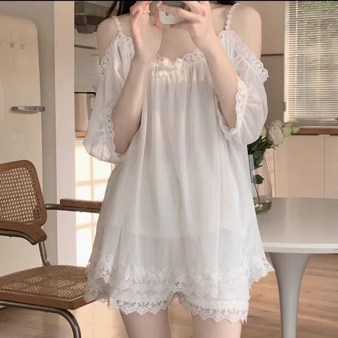 Plus-Size One-Shoulder Mesh Nightgown Set with Chest Pads, Sheer Polyester Top and Shorts — detail image 1