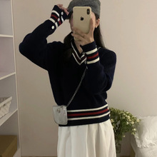 秋冬新款学院风鸡心领针织衫潮撞色条纹宽松套头长袖毛衣打底衫女