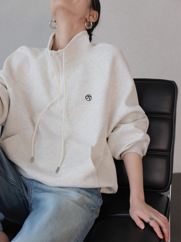 卡其绿长袖半拉链抽绳卫衣女2025秋冬新款休闲运动风宽松套头上衣|undefined