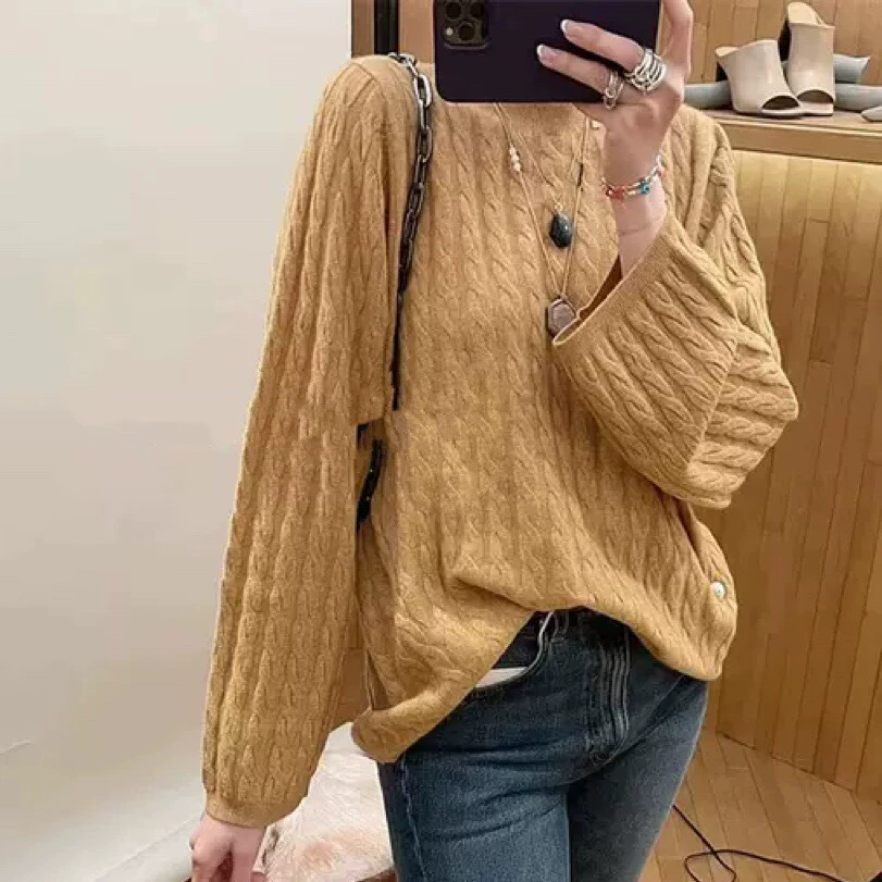 Осенне-Зимний новый трехмерный витой 100 шерстяной свитер, Женский пуловер с круглым вырезом, свободный утолщенный вязаный базовый размер плюс размер