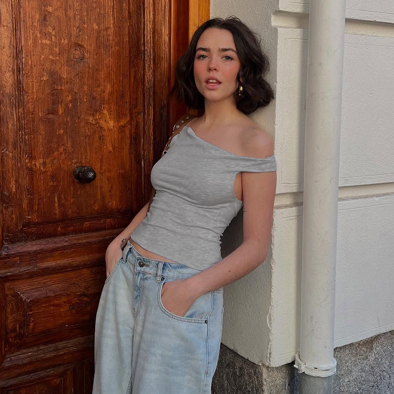 Summer Solid Color Basic Shoulder Short Sleeve Irregular Asymmetric Simple Casual T shirt off the Shoulder Short Top Women